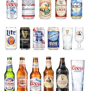 May include: Collection of beer cans and bottles, including Coors Light, Budweiser, Yuengling, and Guinness. Also includes beer glasses. The image showcases a variety of beer brands and styles.