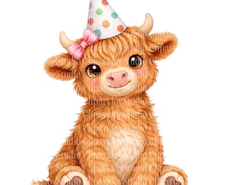 Birthday Highland Cow PNG | Clipart Bundle | Printable Watercolor images (digital download)