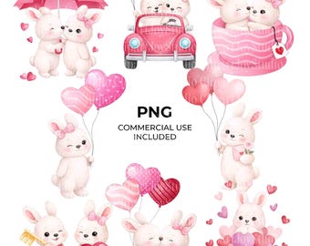 Paquete de imágenes prediseñadas de conejitos de San Valentín / Gráficos de animales de guardería / Imágenes PNG de acuarela imprimibles (descarga digital)