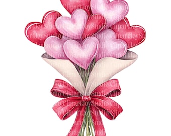 May include: Watercolor illustration of a bouquet of heart-shaped balloons in shades of red and pink. The balloons are wrapped in a paper cone and tied with a red ribbon. The image has a romantic theme.