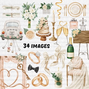 Aquarell Hochzeit Clipart Bundle, Boho Hochzeit Clipart Sammlung, Hochzeit Auto, PNG Bilder, Hochzeit Tag Grafiken, frisch verheiratet | 030