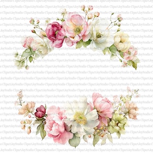 May include: Watercolor floral clipart featuring two arrangements of pink, white, and burgundy flowers with green leaves. The design includes peonies, roses, and other blossoms, perfect for digital art projects.