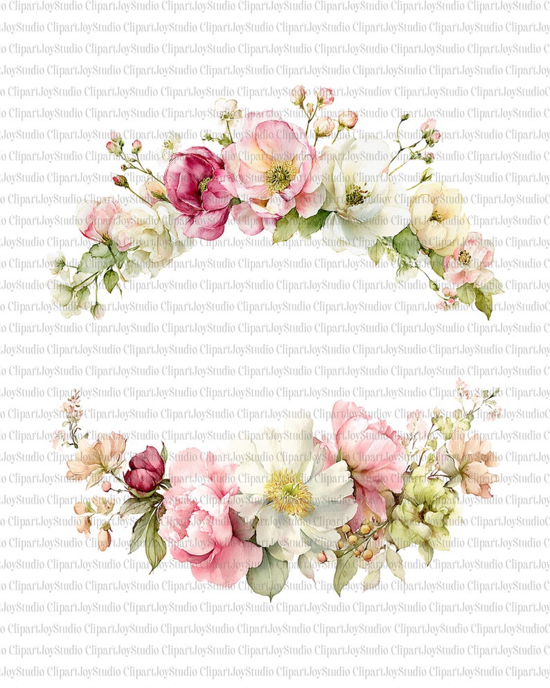 May include: Watercolor floral clipart featuring two arrangements of pink, white, and burgundy flowers with green leaves. The design includes peonies, roses, and other blossoms, perfect for digital art projects.