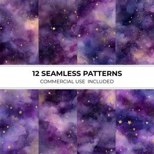 May include: A collection of 12 seamless patterns with a watercolor galaxy theme. The patterns feature a blend of purple, blue, and gold hues, with scattered golden stars and a cloudy texture. The text "12 SEAMLESS PATTERNS COMMERCIAL USE INCLUDED" is displayed.