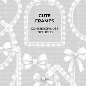 Puede incluir: Una colección de marcos decorativos blancos con lazos y bordes festoneados. La imagen incluye el texto "CUTE FRAMES" y "COMMERCIAL USE INCLUDED" sobre un fondo gris claro. Ideales para proyectos de arte digital y manualidades.