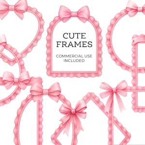 Pode incluir: Uma coleção de molduras rosa com laços e bordas onduladas. As molduras vêm em várias formas, incluindo um coração, um círculo e um retângulo. O texto "CUTE FRAMES" e "COMMERCIAL USE INCLUDED" está em uma moldura.
