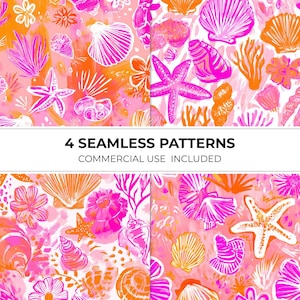 Puede incluir: Cuatro patrones sin costuras con un diseño de acuarela de conchas marinas, estrellas de mar y corales en tonos rosa, naranja y blanco. El texto "4 SEAMLESS PATTERNS COMMERCIAL USE INCLUDED" se muestra debajo.