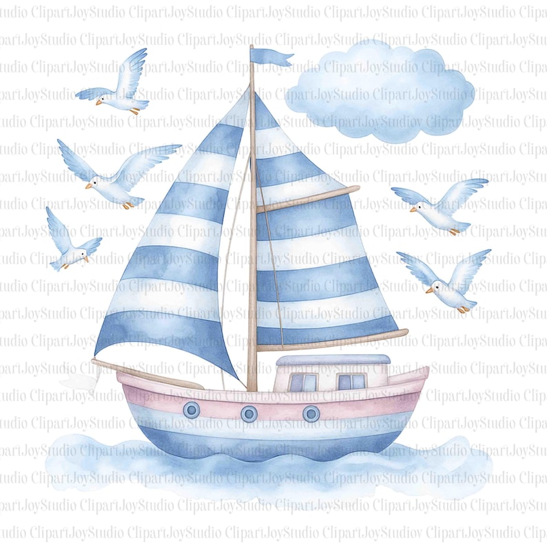 May include: A watercolour illustration of a sailboat with blue and white striped sails, a pink and blue hull, and a small flag. Several white seagulls fly around the boat, with a blue cloud in the background. The image has a nautical theme.