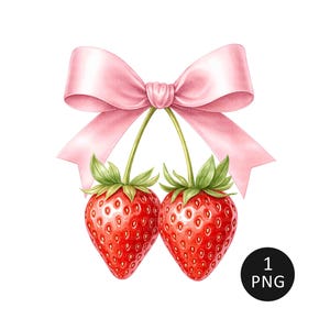 Op de afbeelding: Waterverfillustratie van twee rijpe rode aardbeien met groene bladeren, verbonden door stelen met een lichtroze strik. De aardbeien hebben kleine zaadjes en zijn gedetailleerd met schaduwen. Een zwarte cirkel met "1 PNG" rechtsonder.