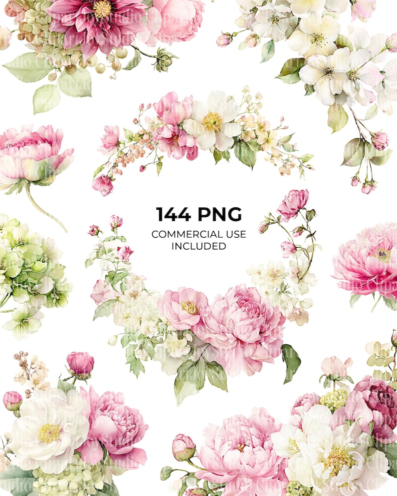 May include: Watercolor floral arrangements featuring pink peonies, white blossoms, and green foliage. The image includes various floral compositions, including bouquets and individual flowers, with the text "144 PNG COMMERCIAL USE INCLUDED".