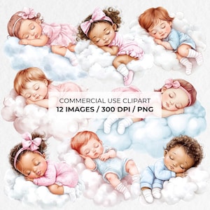 Clipart di un bambino su una nuvola • Raccolta di clipart PNG di un bambino che dorme carino • Clipart di un vivaio di acquerelli • Bambino • Bambina • Uso commerciale / 021