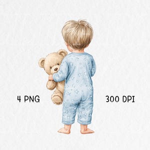 Kleine jongen met teddybeer • clipart • kinderkamer png-clipart • kind • kind • collectie • aquarel kinderkamer clipart • commercieel gebruik | 025