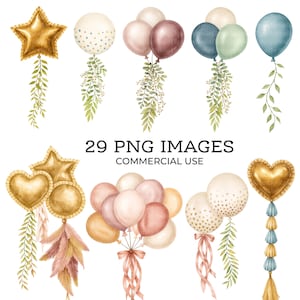 Paquete de imágenes prediseñadas de globos de fiesta, imágenes prediseñadas de globos de colores, imágenes prediseñadas de acuarela imprimibles, PNG de alta calidad, descarga digital, manualidades de papel