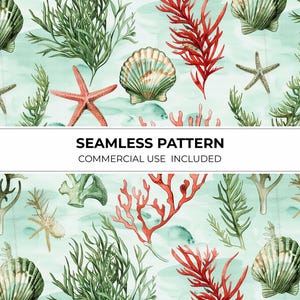 May include: Seamless pattern featuring watercolor illustrations of seashells, starfish, and coral in shades of green, red, and beige. The design includes the text "SEAMLESS PATTERN" and "COMMERCIAL USE INCLUDED" on a light blue background.