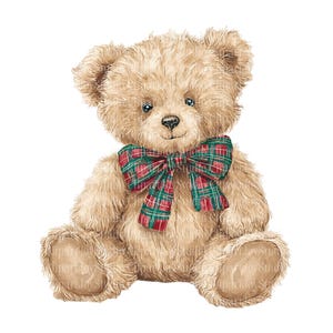 May include: A light brown teddy bear with a red and green plaid bow tie. The plush toy has a friendly expression and is sitting upright. The bear's fur is textured, and the image is set against a white background.