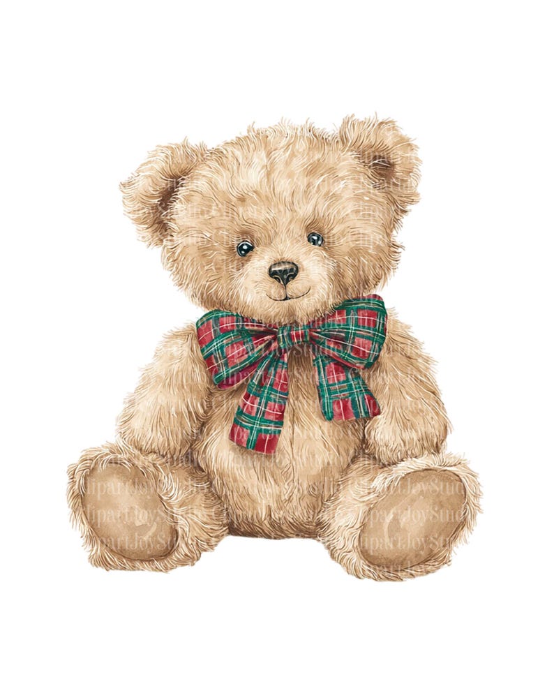 May include: A light brown teddy bear with a red and green plaid bow tie. The plush toy has a friendly expression and is sitting upright. The bear's fur is textured, and the image is set against a white background.