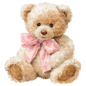 Pode incluir: Ilustração em aquarela de um urso de pelúcia com pelo castanho claro e creme. O urso tem um laço rosa amarrado ao pescoço. O urso está sentado com os braços e as pernas estendidos.