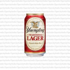 May include: A red and gold Yuengling Traditional Lager beer can. The can features the Yuengling logo with an eagle and the words "Traditional Lager". The can is a standard size and shape.