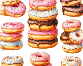 Aquarell Donuts Clipart Bundle, Wüste PNG Grafik, druckbare Scrapbook-Bilder, kommerzielle Nutzung, Papiermodell, Junk Journals