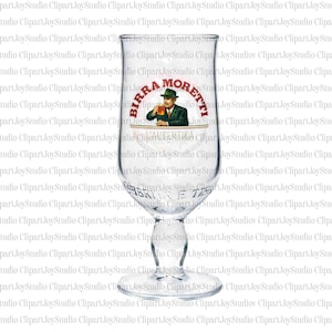 May include: A clear glass beer goblet with a stem and foot. The glass features the "Birra Moretti" logo, depicting a man in a hat enjoying a beer. The words "Birra Moretti" are in red and white.
