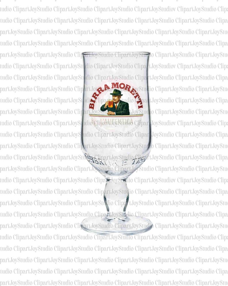 May include: A clear glass beer goblet with a stem and foot. The glass features the "Birra Moretti" logo, depicting a man in a hat enjoying a beer. The words "Birra Moretti" are in red and white.