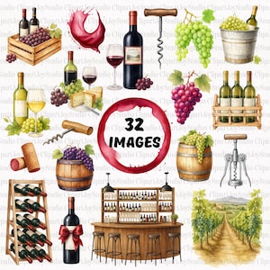 Pacchetto di clipart ad acquerello di vino, collezione di vino rosso, immagini PNG di vino bianco, grafica di bottiglie di vino, vigneto, bicchiere di vino, uso commerciale / 037