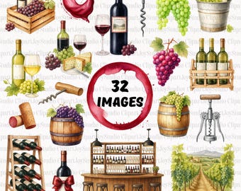 Wine watercolor clipart bundle, red wine, white wine PNG images, wine bottle graphics, vineyard, wine glass, paper craft, junk journal