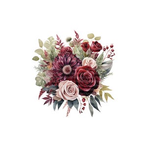 Pacote de clipart de flores cor de vinho, buquê de rosas, gráficos PNG, download digital, artesanato em papel, diário de lixo, scrapbooking imagem 6