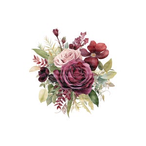 Pode incluir: Ilustra&ccedil;&atilde;o em aquarela de um buqu&ecirc; floral com uma grande rosa bord&ocirc; escura como ponto focal. O arranjo inclui rosas rosa mais claras, flores vermelhas escuras e v&aacute;rias folhas verdes e verde-amareladas.