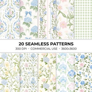 Aquarell Grandmillennial nahtloses Muster-Bundle • Pastellblumen JPEG • Streifen • kariert • digital • Muster • Sammelalbum | 014