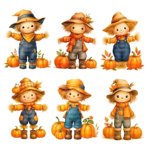 Puede incluir: Seis ilustraciones de adorables espantapájaros con cabello de paja, vistiendo monos, sombreros y bufandas. Cada uno está rodeado de calabazas naranjas, creando un encantador tema otoñal. Las ilustraciones son de estilo acuarela.