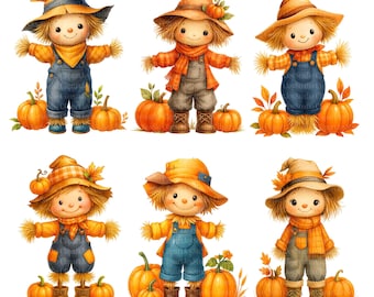 Imágenes prediseñadas de espantapájaros de Halloween, imágenes prediseñadas de calabaza, imágenes imprimibles para álbumes de recortes, gráficos PNG, descarga digital, manualidades de papel, diarios basura