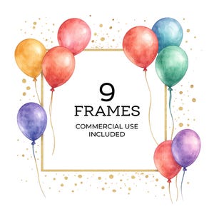 9 Birthday Frame Clipart, Colored Birthday Balloons, Printable Watercolor clipart, High Quality PNG, Digital download, Paper crafts 108
