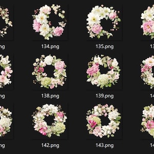 May include: A collection of floral wreath designs. Each wreath features a circular arrangement of white, pink, and green flowers, with varying compositions and styles. The wreaths are set against a dark background.