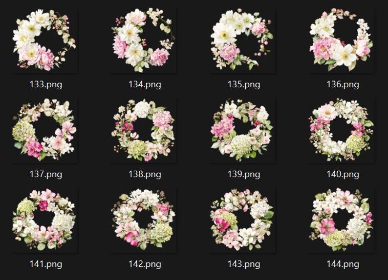 May include: A collection of floral wreath designs. Each wreath features a circular arrangement of white, pink, and green flowers, with varying compositions and styles. The wreaths are set against a dark background.