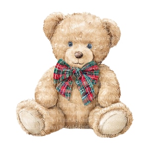 May include: A tan teddy bear with a red, green, and blue plaid bow tie. The bear has blue eyes and a brown nose. The image is a digital illustration of a classic stuffed animal.