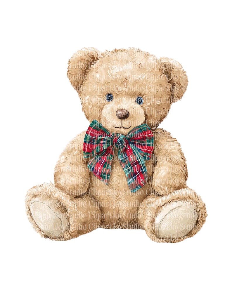 May include: A tan teddy bear with a red, green, and blue plaid bow tie. The bear has blue eyes and a brown nose. The image is a digital illustration of a classic stuffed animal.