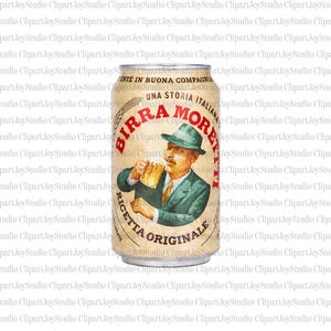 May include: A vintage-style beer can featuring the "Birra Moretti" logo. The can displays an illustration of a man in a green suit and hat, holding a beer mug. The text "Ricetta Originale" is also visible.