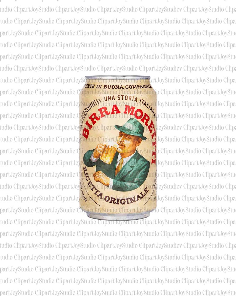 May include: A vintage-style beer can featuring the "Birra Moretti" logo. The can displays an illustration of a man in a green suit and hat, holding a beer mug. The text "Ricetta Originale" is also visible.