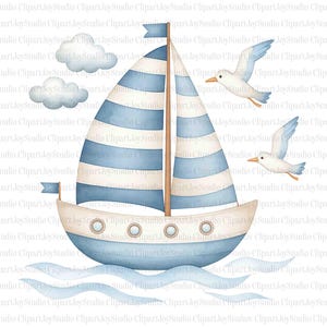 May include: A watercolour illustration of a sailboat with blue and white striped sails, two seagulls, and two clouds. The boat is light blue and white, sailing on light blue water. A nautical theme.