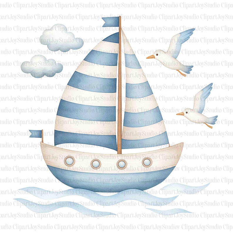 May include: A watercolour illustration of a sailboat with blue and white striped sails, two seagulls, and two clouds. The boat is light blue and white, sailing on light blue water. A nautical theme.