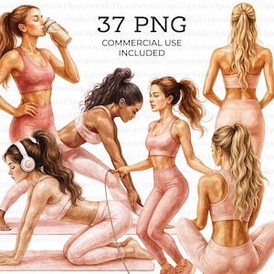 Clipart femme formation, ensemble de cliparts fitness, pack de cliparts aquarelle, graphique PNG, téléchargement numérique, créations en papier, journal indésirable | 077