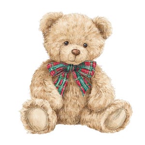May include: A detailed illustration of a tan teddy bear with a red and green plaid bow tie. The bear has a soft, fluffy appearance with visible fur texture and dark brown eyes. The bear is sitting with its legs extended.
