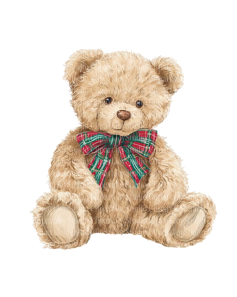 May include: A detailed illustration of a tan teddy bear with a red and green plaid bow tie. The bear has a soft, fluffy appearance with visible fur texture and dark brown eyes. The bear is sitting with its legs extended.