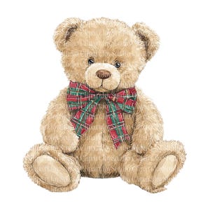 May include: A watercolor illustration of a teddy bear with light brown fur. The bear has a red, green, and white plaid bow tie. The bear is sitting with its legs extended and its arms at its sides. The bear has dark eyes and a light brown nose.