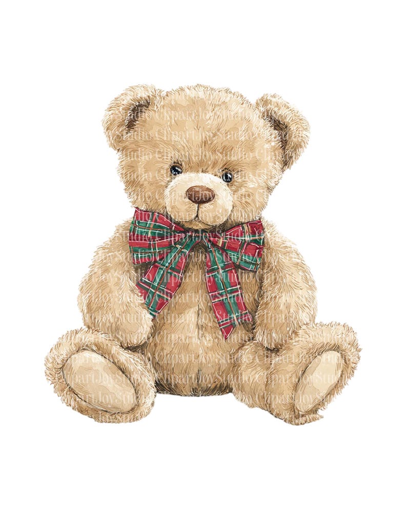 May include: A watercolor illustration of a teddy bear with light brown fur. The bear has a red, green, and white plaid bow tie. The bear is sitting with its legs extended and its arms at its sides. The bear has dark eyes and a light brown nose.