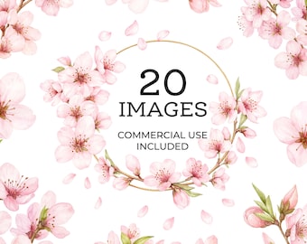 Watercolor Cherry Blossom Clipart Bundle - Sakura Floral PNG (Digital Download)