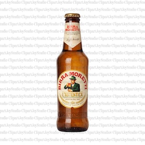 May include: A brown Birra Moretti beer bottle with a gold cap and a white label featuring a man in a green hat. The label reads "L'AUTENTICA" and "RICETTA DAL 1859".