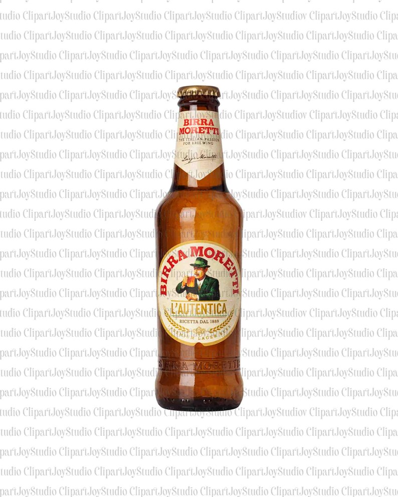 May include: A brown Birra Moretti beer bottle with a gold cap and a white label featuring a man in a green hat. The label reads "L'AUTENTICA" and "RICETTA DAL 1859".