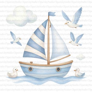 May include: A watercolour illustration of a sailboat with blue and white striped sails, surrounded by flying birds and clouds. The boat is light blue with a wooden mast and hull. Two ducks are in the water.